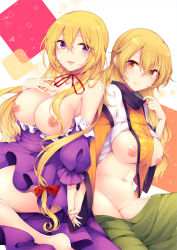 Rule 34 | 2girls, bare shoulders, barefoot, blonde hair, blush, bow, breasts, choker, clothes pull, commentary request, dress, feet out of frame, green skirt, groin, hair between eyes, hair bow, hand on own chest, hand up, highres, holding hands, large breasts, long hair, looking at viewer, matara okina, multiple girls, navel, nipples, no headwear, off shoulder, parted lips, puffy short sleeves, puffy sleeves, purple dress, purple eyes, red bow, red choker, red ribbon, ribbon, ribbon choker, shirt, short sleeves, sitting, skirt, skirt pull, smile, stomach, tabard, tama (soon32281), thighs, touhou, wariza, white background, white shirt, yakumo yukari, yellow eyes, yuri