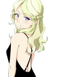 Rule 34 | 10s, 1girl, back, backless dress, backless outfit, bare back, bare shoulders, black dress, blue eyes, blush, braid, diana cavendish, dress, french braid, from side, green hair, little witch academia, long hair, looking at viewer, seren lwa, simple background, smile, solo, upper body, white background