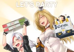 Rule 34 | &gt;:d, 2girls, :d, ahoge, alcohol, anchor earrings, arms up, azur lane, bandaid, bandaid on face, bandaid on nose, blonde hair, blush, choker, corona (brand), downes (azur lane), earrings, english text, closed eyes, fingerless gloves, gloves, hair ornament, hair over one eye, heart, heart in mouth, jack daniel&#039;s, jacket, jewelry, long hair, low-tied long hair, mole, mole under eye, multicolored hair, multiple girls, nagasaki ken (stellar wind), nevada (azur lane), open clothes, open jacket, open mouth, pizza box, red hair, remodel (azur lane), sleeves rolled up, smile, streaked hair, sunburst, teeth, two-tone hair, upper body, v-shaped eyebrows, white hair, yellow background