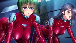 Rule 34 | 2girls, all fours, blue eyes, blush, bodysuit, breasts, clothed sex, doggystyle, embarrassed, game cg, green hair, hair over one eye, hanging breasts, happy, happy sex, huracan, indoors, kyonyuu onna shikan sennou saimin, large breasts, legs, legs apart, long hair, looking at viewer, lune (company), multicolored eyes, multiple girls, open mouth, original, parted lips, purple hair, red bodysuit, sex, sex from behind, shiny clothes, short hair, small breasts, smile, thighs, vaginal