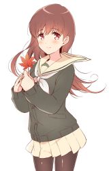 Rule 34 | 10s, 1girl, black pantyhose, blush, brown eyes, brown hair, buttons, cardigan, cowboy shot, holding, kantai collection, komi zumiko, leaf, long hair, long sleeves, looking at viewer, maple leaf, neckerchief, ooi (kancolle), pantyhose, pleated skirt, remodel (kantai collection), school uniform, serafuku, simple background, skirt, smile, solo, white background, wind