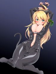Rule 34 | 1girl, ahoge, animal ears, areola slip, arms up, bdsm, black gloves, blonde hair, blush, bodysuit, bondage, boots, bound, bound wrists, breasts, cat burglar, cat ears, cat girl, cat tail, catsuit, center opening, cleavage, female focus, fingerless gloves, gloves, gradient background, green eyes, hakkaku shikimi, hoshii miki, idolmaster, idolmaster (classic), kneeling, large breasts, leather, long hair, navel, open mouth, skin tight, solo, tail, unzipped