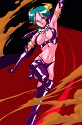 Rule 34 | 00s, 1girl, arm up, boots, cape, carrera, demon girl, elbow gloves, gloves, horns, leg lift, navel, official art, one eye closed, pointy ears, red eyes, skull, solo, demon girl, thigh boots, thighhighs, viper, viper gts