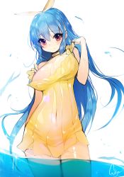 Rule 34 | 1girl, bad id, bad pixiv id, bare shoulders, blue hair, blush, breasts, cleavage, dress, female focus, hair ribbon, large breasts, long hair, looking at viewer, original, red eyes, ribbon, simple background, smile, solo, sukja, wading, water, wet, wet clothes, yellow dress