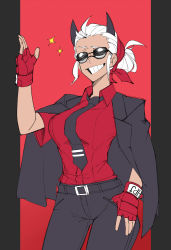Rule 34 | 1girl, absurdres, antenna hair, bandana, black horns, black necktie, border, breasts, casual suit, commentary, demon horns, english commentary, fingerless gloves, gloves, grin, hair bun, helltaker, highres, horns, jacket, jacket on shoulders, justice (helltaker), large breasts, looking at viewer, lyuka, necktie, padded gloves, pants, red background, red bandana, red gloves, red shirt, shirt, short sleeves, single hair bun, smile, solo, sparkle, sunglasses, thumb in pocket, tie clip, tinted eyewear, updo, white hair