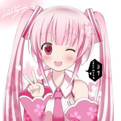 Rule 34 | 1girl, ;d, blush, dated, detached sleeves, givuchoko, hair ornament, hatsune miku, highres, long hair, looking at viewer, necktie, one eye closed, open mouth, pink eyes, pink hair, sakura miku, smile, solo, twintails, v, very long hair, vocaloid