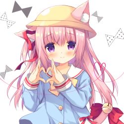 Rule 34 | 1girl, animal ears, azur lane, bell, blue shirt, blush, bow, bowtie, cat ears, cat girl, cat tail, closed mouth, ears through headwear, hair between eyes, hair ribbon, hat, head tilt, heart, heart hands, jingle bell, kindergarten uniform, kisaragi (azur lane), long hair, long sleeves, looking at viewer, one side up, pink hair, purinpurin, purple eyes, red bow, red ribbon, ribbon, school hat, shirt, sidelocks, smile, solo, tail, tail bell, tail bow, tail ornament, white background, yellow bow, yellow bowtie, yellow hat