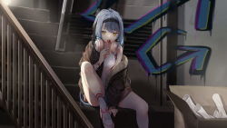 Rule 34 | 1girl, agnamore, bad id, bad pixiv id, bare shoulders, black hairband, blue hair, blue shorts, box, breasts, brown jacket, camisole, candy, cardboard box, cleavage, commentary request, food, graffiti, hairband, headphones, headphones around neck, holding, holding candy, holding food, holding lollipop, jacket, knee up, korean commentary, lollipop, long sleeves, off shoulder, open clothes, open jacket, original, railing, shoes, short shorts, shorts, sitting, sitting on stairs, sleeves past wrists, small breasts, sneakers, socks, solo, stairs, white camisole, white footwear, white socks, yellow eyes