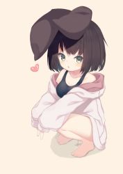 Rule 34 | 1girl, :o, absurdres, animal ears, bad id, bad pixiv id, bare shoulders, barefoot, black one-piece swimsuit, blush, breasts, brown background, brown hair, collarbone, commentary request, full body, grey eyes, heart, highres, hood, hood down, hooded jacket, jacket, long sleeves, looking at viewer, medium breasts, memekko, one-piece swimsuit, original, parted lips, rabbit ears, school swimsuit, shadow, sleeves past wrists, solo, squatting, swimsuit, water, white jacket