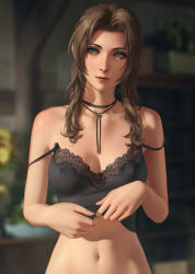 Rule 34 | 1girl, aerith gainsborough, black camisole, blurry, blurry background, bolo tie, breasts, brown hair, camisole, camisole lift, cleavage, clothes lift, collarbone, covered erect nipples, final fantasy, final fantasy vii, final fantasy vii remake, gainsborough house, green eyes, highres, lace-trimmed camisole, lace trim, looking at viewer, miura-n315, navel, parted bangs, solo, square enix, stomach, strap slip, undressing, upper body