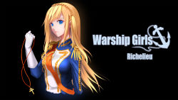 Rule 34 | 1girl, 5plus, absurdres, black background, blonde hair, blue eyes, braid, character name, copyright name, cross, english text, epaulettes, france, french text, gloves, highres, long hair, military, military uniform, richelieu (warship girls r), solo, uniform, warship girls r, white gloves