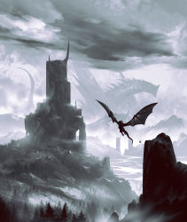 Rule 34 | absurdres, cloud, cloudy sky, commentary, dragon, english commentary, flying, forest, giant, glowing, glowing eyes, grey sky, highres, kalmahul, mountain, nature, no humans, original, scenery, sky, tree, water, western dragon, wings, wyvern