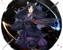 Rule 34 | 1girl, animal ears, arknights, black hair, brown eyes, commentary, dog ears, franlol, highres, japanese clothes, kimono, knee pads, long hair, long sleeves, looking at viewer, open mouth, polearm, purple kimono, saga (arknights), solo, spear, weapon, wide sleeves