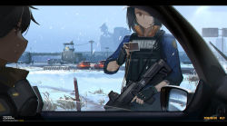 Rule 34 | 1boy, 1girl, :&lt;, absurdres, ak-12, assault rifle, barbed wire, black gloves, black hair, brown eyes, bulletproof vest, car interior, card, chromatic aberration, commentary request, dated, driving, energy barrier, eotech, fingerless gloves, frown, gate, gloves, grey sky, gun, headset, highres, holding, holding card, holding gun, holding weapon, id card, kalashnikov rifle, kexue, lanyard, left-hand drive, letterboxed, looking at another, national geographic, original, outdoors, police, police uniform, power lines, road sign, satellite dish, searchlight, short hair, sign, silhouette, sky, snow, snowing, tower, trigger discipline, uniform, watch tower, weapon, weapon request, wire fence