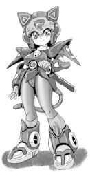 Rule 34 | 1990s (style), 1girl, animal ears, armor, bell, bodysuit, cat ears, cat tail, collar, greyscale, helmet, kyatto ninden teyandee, mecha musume, monochrome, narrow waist, neck bell, no humans, pantyhose, pauldrons, pururun (kyatto ninden teyandee), retro artstyle, sheath, sheathed, shoulder armor, smile, solo, sword, tail, takeshi aono, weapon