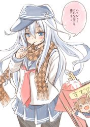 Rule 34 | 10s, 1girl, anchor symbol, blue eyes, blush, commentary request, flat cap, food, food in mouth, fujishima shinnosuke, hat, hibiki (kancolle), highres, kantai collection, long hair, looking at viewer, neckerchief, pantyhose, pocky, scarf, school uniform, serafuku, silver hair, skirt, smile, solo, translation request