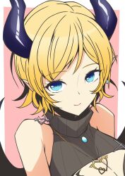 Rule 34 | 1girl, bare shoulders, black sweater, black wings, blonde hair, blue eyes, border, breasts, cleavage, cleavage cutout, close-up, clothing cutout, demon girl, demon horns, demon wings, earrings, heart pendant, highres, hololive, horns, jewelry, looking at viewer, mitosupa (qsiqydfz7nesh9w), official alternate costume, pink background, pointy ears, short hair, simple background, sleeveless, sleeveless sweater, smile, solo, sweater, virtual youtuber, white border, winged heart tattoo, wings, yuzuki choco, yuzuki choco (streetwear)