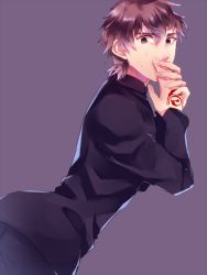 Rule 34 | 1boy, bad id, bad pixiv id, brown eyes, brown hair, command spell, covering own mouth, fate/zero, fate (series), kotomine kirei, male focus, purinnkawayusu, solo, sweat