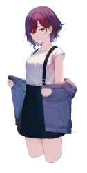 Rule 34 | 1girl, black skirt, blue jacket, cropped legs, highres, higuchi madoka, idolmaster, idolmaster shiny colors, jacket, jacket partially removed, jitome, kneeichigo, looking at viewer, mole, mole under eye, red eyes, red hair, shirt, short hair, simple background, skirt, solo, suspender skirt, suspenders, wavy hair, white background, white shirt