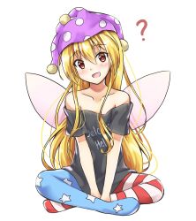 Rule 34 | 1girl, :d, ?, absurdres, akiteru (akiteru98), american flag legwear, bare shoulders, black shirt, blonde hair, clothes writing, clownpiece, commentary request, cosplay, fairy wings, hair between eyes, hat, hecatia lapislazuli, hecatia lapislazuli (cosplay), highres, indian style, jester cap, looking at viewer, off shoulder, one-hour drawing challenge, open mouth, pantyhose, red eyes, shirt, simple background, sitting, smile, solo, touhou, white background, wings