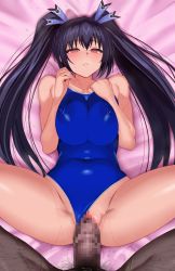 Rule 34 | 1boy, 1girl, bed, black hair, breasts, censored, clothed female nude male, clothing aside, covered erect nipples, dark-skinned male, dark skin, highres, large breasts, lying, neptune (series), nipples, noire (neptunia), nude, nyamota, on back, open mouth, penis, pov, pussy, red eyes, sex, spread legs, swimsuit, swimsuit aside, twintails, vaginal