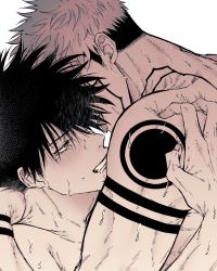 Rule 34 | 2boys, arm around neck, arm tattoo, black hair, clenched teeth, clothing cutout, commentary request, completely nude, facial tattoo, fushiguro megumi, fushirun rung, green eyes, highres, implied anal, implied sex, jujutsu kaisen, male focus, multiple boys, muscular, muscular male, nude, pink hair, ryoumen sukuna (jujutsu kaisen), short hair, shoulder cutout, shoulder grab, spiked hair, sweat, tattoo, tears, teeth, tongue, tongue out, undercut, upper body, wince, yaoi