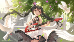 Rule 34 | 1girl, 2019, :d, aliter, artist name, bird, birthday, black choker, black hair, blush, bow, bowtie, castle, character name, choker, cowboy shot, crown, day, dove, dress, electric guitar, feathers, fender mustang, frilled dress, frills, guitar, highres, instrument, k-on!, long hair, looking at viewer, music, nakano azusa, open mouth, outdoors, playing instrument, ribbon, ribbon choker, sidelocks, sleeveless, sleeveless dress, smile, solo, striped bow, striped bowtie, striped clothes, striped neckwear, striped ribbon, tree, twintails, very long hair, white dress, yellow eyes