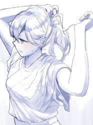 Rule 34 | 10s, 1girl, arms up, breasts, commentary, ear visible through hair, ears visible through hair, hair between eyes, highres, japanese clothes, kaga (kancolle), kantai collection, kimono, long hair, looking to the side, monochrome, parted lips, side ponytail, simple background, solo, sweatdrop, untying, upper body, white background, yami (m31)