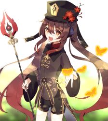 Rule 34 | 1girl, :d, black hat, black nails, black shorts, brown hair, bug, butterfly, chieezuik, flower, genshin impact, hat, highres, holding, holding weapon, hu tao (genshin impact), insect, long sleeves, nail polish, open mouth, polearm, red eyes, shorts, smile, solo, standing, tailcoat, top hat, weapon