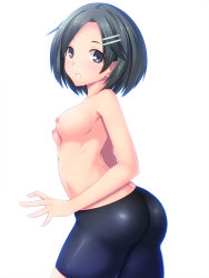 Rule 34 | 10s, 1girl, :o, ass, back, bike shorts, black eyes, black hair, blush, breasts, from side, hair ornament, hairclip, highres, kantai collection, kuroshio (kancolle), looking back, nipples, open mouth, personification, short hair, simple background, skylader, solo, topless, white background