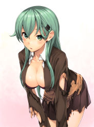 Rule 34 | 10s, 1girl, aqua hair, bad id, bad nicoseiga id, blush, bra, breasts, brown jacket, brown skirt, cleavage, collarbone, collared shirt, gradient background, green eyes, hair between eyes, hair ornament, hairclip, highres, jacket, kantai collection, large breasts, leaning forward, long sleeves, looking at viewer, parted lips, pleated skirt, purple bra, shirt, siesta (artist), skirt, solo, suzuya (kancolle), torn clothes, underwear, upper body, white shirt