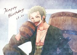 Rule 34 | 1boy, ^ ^, aco peda, bandana around arm, barrel, beer mug, closed eyes, commentary request, cup, dated, earrings, green hair, green kimono, happy birthday, haramaki, japanese clothes, jewelry, kimono, male focus, mug, one piece, open mouth, roronoa zoro, scar, scar across eye, scar on chest, short hair, sideburns, signature, sleeves rolled up, smile, solo, teeth, upper teeth only