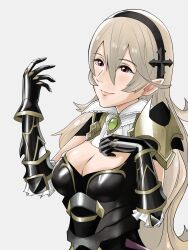Rule 34 | 1girl, armor, armored leotard, artist request, black armor, black cape, black hairband, black leotard, breasts, cape, cleavage, clenched hands, corrin (female) (fire emblem), corrin (female) (nohr noble) (fire emblem), corrin (fire emblem), eyelashes, female focus, fire emblem, fire emblem fates, gauntlets, hair between eyes, hair ornament, hairband, hand on own chest, hands up, happy, highres, intelligent systems, leotard, light smile, long hair, looking at hand, medium breasts, neck, neckerchief, nintendo, official alternate costume, pointy ears, red eyes, revealing clothes, shoulder armor, sidelocks, simple background, sleeveless, sleeveless leotard, source request, standing, upper body, wavy hair, white background, white hair