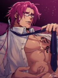 Rule 34 | 1boy, abs, artist name, bara, blouse, chest tattoo, collared shirt, glasses, large pectorals, long hair, looking to the side, male focus, manly, mature male, muscular, muscular male, necktie, necktie grab, neckwear grab, open clothes, open mouth, open shirt, pectorals, ponytail, purple hair, shirt, signature, solo, tachibana kuniei, tattoo, teeth, tonbokiri (touken ranbu), tongue, touken ranbu, upper body, yellow eyes
