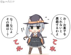Rule 34 | 1girl, animal ears, asashio (kancolle), asashio (kancolle) (cosplay), black cape, black hat, brown eyes, cane, cape, cat ears, cat tail, chibi, commentary request, cosplay, dress, full body, goma (yoku yatta hou jane), hat, kantai collection, kasumi (kancolle), long hair, open mouth, pinafore dress, side ponytail, silver hair, simple background, sleeveless, sleeveless dress, solo, standing, striped clothes, striped legwear, striped thighhighs, tail, thighhighs, translation request, twitter username, wavy mouth, white background, witch hat