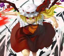 Rule 34 | 1girl, bad id, bad pixiv id, blonde hair, bow, c-low, crazy, crazy eyes, female focus, fingernails, flandre scarlet, grin, hat, hat bow, looking at viewer, nail polish, red eyes, running, slit pupils, smile, solo, embodiment of scarlet devil, touhou