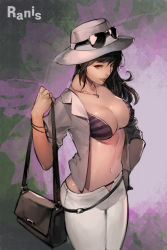 Rule 34 | 1girl, absurdres, artist name, bag, belt, bikini, bikini top only, bikini under clothes, black hair, breasts, brown eyes, brown hair, cleavage, closed mouth, covered erect nipples, cowboy shot, glasses on hat, hand on own hip, hand up, hat, highres, jacket, jewelry, large breasts, legs together, lips, long hair, looking at viewer, medium breasts, navel, necklace, nose, off shoulder, open clothes, open jacket, original, pants, pink lips, ring, shoulder bag, solo, standing, striped bikini, striped bikini top, striped clothes, sunglasses, swimsuit, white hat, white pants, woo jin lee, wrist straps
