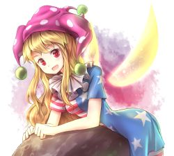 Rule 34 | 1girl, :d, american flag dress, american flag legwear, bent over, blonde hair, blush, clownpiece, collar, dress, eyebrows, fairy wings, frilled collar, frilled shirt collar, frills, hat, jester cap, long hair, looking at viewer, minust, neck ruff, open mouth, polka dot, red eyes, short dress, short hair, short sleeves, simple background, smile, solo, star (symbol), striped, touhou, wings