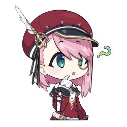Rule 34 | 1girl, ?, blue eyes, blush, cabbie hat, charlotte (genshin impact), chibi, commentary, english commentary, genshin impact, gloves, hair between eyes, hat, hat feather, highres, kekek, long sleeves, monocle, pink hair, red hat, simple background, solo, white background, white gloves
