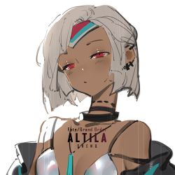 Rule 34 | 10s, 1girl, altera (fate), alternate costume, bare shoulders, breasts, character name, choker, cleavage, closed mouth, collarbone, copyright name, dark-skinned female, dark skin, earrings, fate/extella, fate/extra, fate/grand order, fate (series), jewelry, looking at viewer, lowres, red eyes, shenq, short hair, simple background, small breasts, solo, tan, white background, white hair