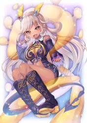 Rule 34 | 1girl, absurdres, animal ears, bare shoulders, blonde hair, boots, breasts, cleavage, commentary, cross-laced clothes, cross-laced footwear, dark-skinned female, dark skin, demon girl, demon tail, detached sleeves, fake animal ears, fang, full body, gem, hazakura shoha, highres, knee boots, long hair, long sleeves, looking at viewer, medium breasts, open mouth, pointy ears, princess connect!, see-through, shiny skin, sitting, skin fang, sleeves past wrists, slime (substance), solo, sparkle, tail, tan, thighs, wide sleeves, yellow eyes
