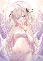Rule 34 | 1girl, angel, angel wings, arm behind back, bare shoulders, bikini, bikini top only, blonde hair, blue eyes, blush, bracelet, breasts, cleavage, cowboy shot, criss-cross halter, earrings, eyes visible through hair, feathered wings, feathers, hair ribbon, halo, halterneck, hand up, highres, jewelry, liuliu, long hair, medium breasts, navel, open mouth, original, pink nails, ribbon, sarong, smile, solo, stomach, string bikini, swimsuit, symbol-shaped pupils, two side up, v, v over mouth, white bikini, white hair, white wings, wings, x-shaped pupils