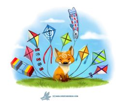 Rule 34 | ^ ^, animal, blue bow, blue sky, bow, closed eyes, closed mouth, cloud, cryptid creations, day, closed eyes, field, fox, full body, fur, grass, kite, original, outdoors, plant, red bow, sky, smile, solo, watermark, web address, wind