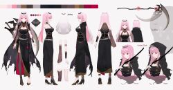 Rule 34 | 1girl, absurdres, asymmetrical legwear, bare shoulders, belt, black cape, black dress, black footwear, black hood, black nails, black sleeves, black thighhighs, black tiara, blunt bangs, bracer, breasts, cape, character sheet, cleavage, commentary, detached sleeves, dress, english commentary, high heels, highres, hololive, hololive english, hood, hood up, large breasts, mori calliope, mori calliope (1st costume), official art, pale skin, pink hair, red eyes, scythe, second-party source, sidelocks, single detached sleeve, single thighhigh, spiked cape, thighhighs, tiara, torn cape, torn clothes, veil, virtual youtuber, weapon, white belt, yukisame