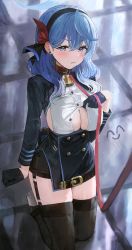 Rule 34 | 1girl, ako (blue archive), bell, black gloves, black skirt, black thighhighs, blue archive, blue hair, blush, breasts, button gap, cleavage, earrings, garter straps, gloves, half gloves, halo, highres, jewelry, kneeling, large breasts, leash, leather choker, looking at viewer, miniskirt, neck bell, shirt tug, sideboob, skirt, solo, sonchi, stud earrings, tears, thighhighs