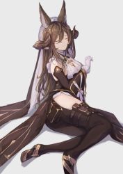 Rule 34 | 1girl, animal ears, breasts, brown hair, closed eyes, detached sleeves, evanstan, expressionless, frilled sleeves, frills, full body, galleon (granblue fantasy), granblue fantasy, highres, horns, large breasts, long hair, sidelocks, sitting, solo, thigh strap, very long hair