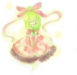 Rule 34 | 1girl, cis (carcharias), dress, female focus, frills, front ponytail, full body, green hair, kagiyama hina, puffy short sleeves, puffy sleeves, red dress, shawl, shoes, short sleeves, simple background, solo, standing, touhou, white background, wrist cuffs