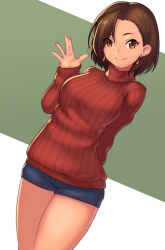 Rule 34 | 1girl, arm behind back, blush, breasts, brown eyes, brown hair, closed mouth, cowboy shot, dress, dutch angle, eyes visible through hair, highres, idolmaster, idolmaster cinderella girls, jewelry, lc butter, long sleeves, looking at viewer, medium breasts, mizuki seira, necklace, outstretched hand, red sweater, ribbed sweater, short hair, short shorts, shorts, smile, solo, sweater, sweater dress, thighs, turtleneck, turtleneck sweater