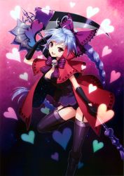 Rule 34 | 1girl, :d, absurdres, ahoge, an2a, antenna hair, black gloves, black thighhighs, blue hair, boots, bow, braid, breasts, cleavage, cloak, clothing cutout, divine grimoire, fang, garter straps, gloves, hair bow, heart, heart-shaped pupils, heart ahoge, heart antenna hair, heart cutout, heart hair, heart print, highres, leg up, long hair, medium breasts, open mouth, purple eyes, salute, scan, scythe, single braid, skull, smile, solo, symbol-shaped pupils, thighhighs, two-finger salute, very long hair