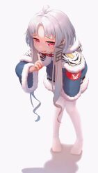 Rule 34 | 1girl, absurdres, ahoge, animal hood, animal print, armband, azur lane, blue coat, blue hair, chang chun (azur lane), coat, fang, gradient hair, grey hair, hair ornament, hairclip, heart, heart-shaped pupils, highres, hood, light blush, long hair, long sleeves, looking at viewer, multicolored hair, open mouth, pantyhose, parted bangs, red eyes, shadow, sidelocks, simple background, skin fang, smile, solo, standing, starnight stuka, symbol-shaped pupils, tiger hood, tiger print, white background, white hair, white pantyhose, wide sleeves